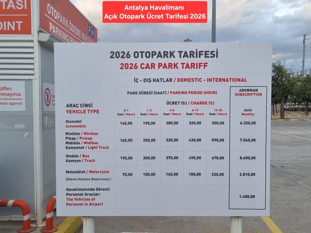 Antalya Havalimanı Otopark Ücret Tarifesi 2026 - Açık Otopark